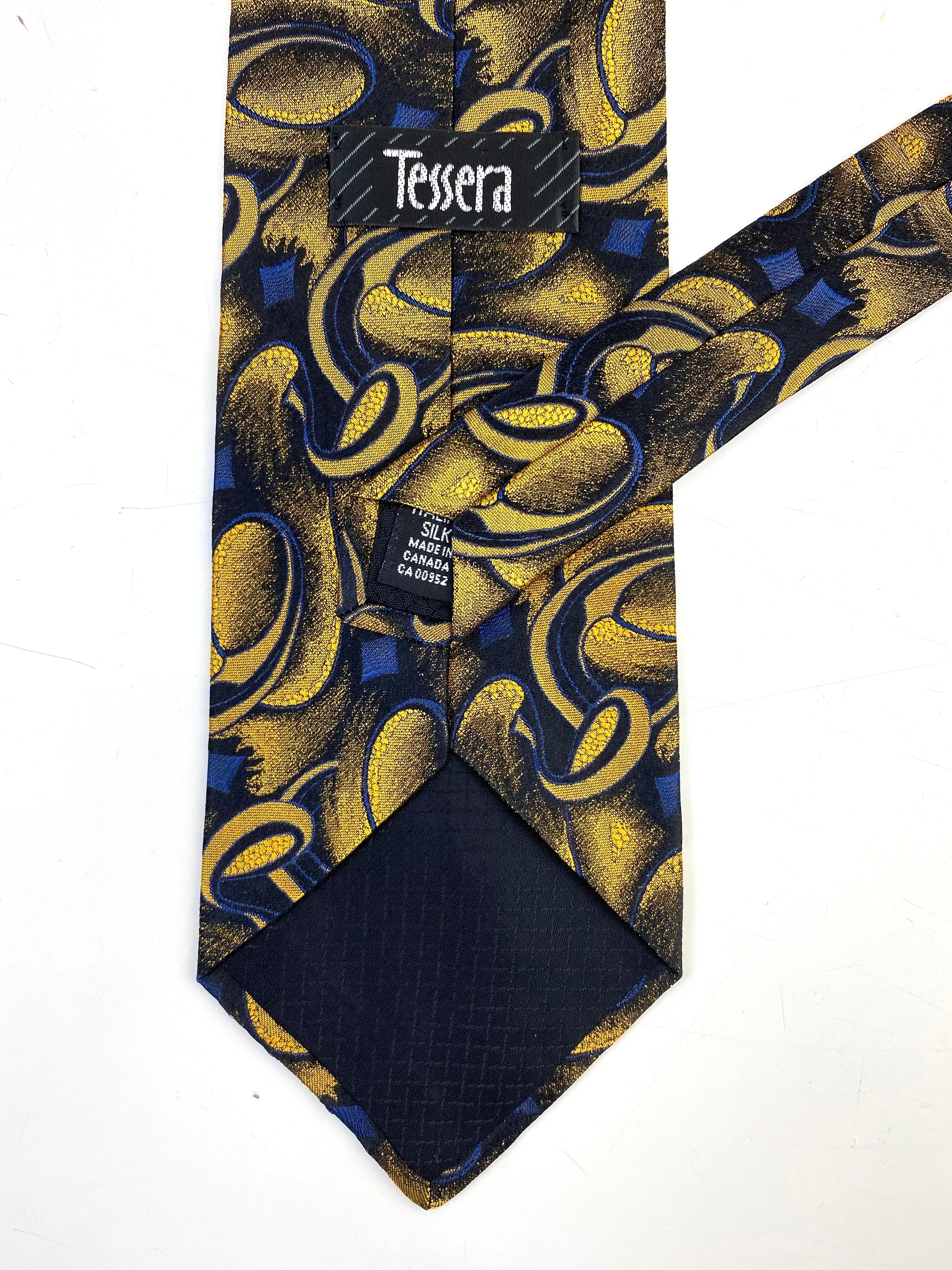 90s Deadstock Silk Necktie, Men's Vintage Gold/Blue Abstract Pattern Tie, NOS