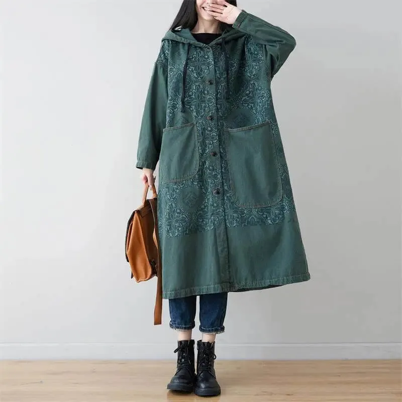 Autumn Hooded Denim Jacket - Dark Green Retro Style