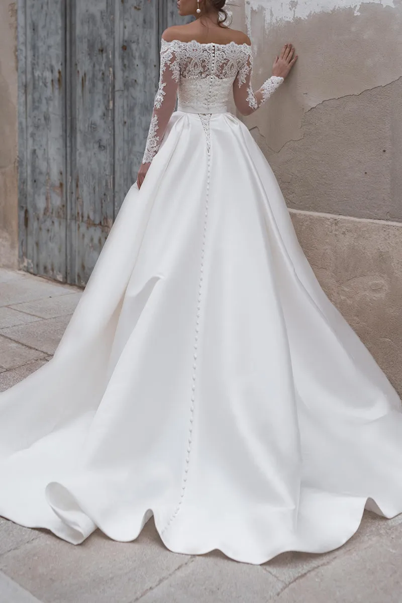 Ball Gown Satin Wedding Dress with Detachable Shawl Rustic Bridal Gown QW2274