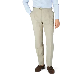 Beige Melange Wool Linen Pleated Trousers