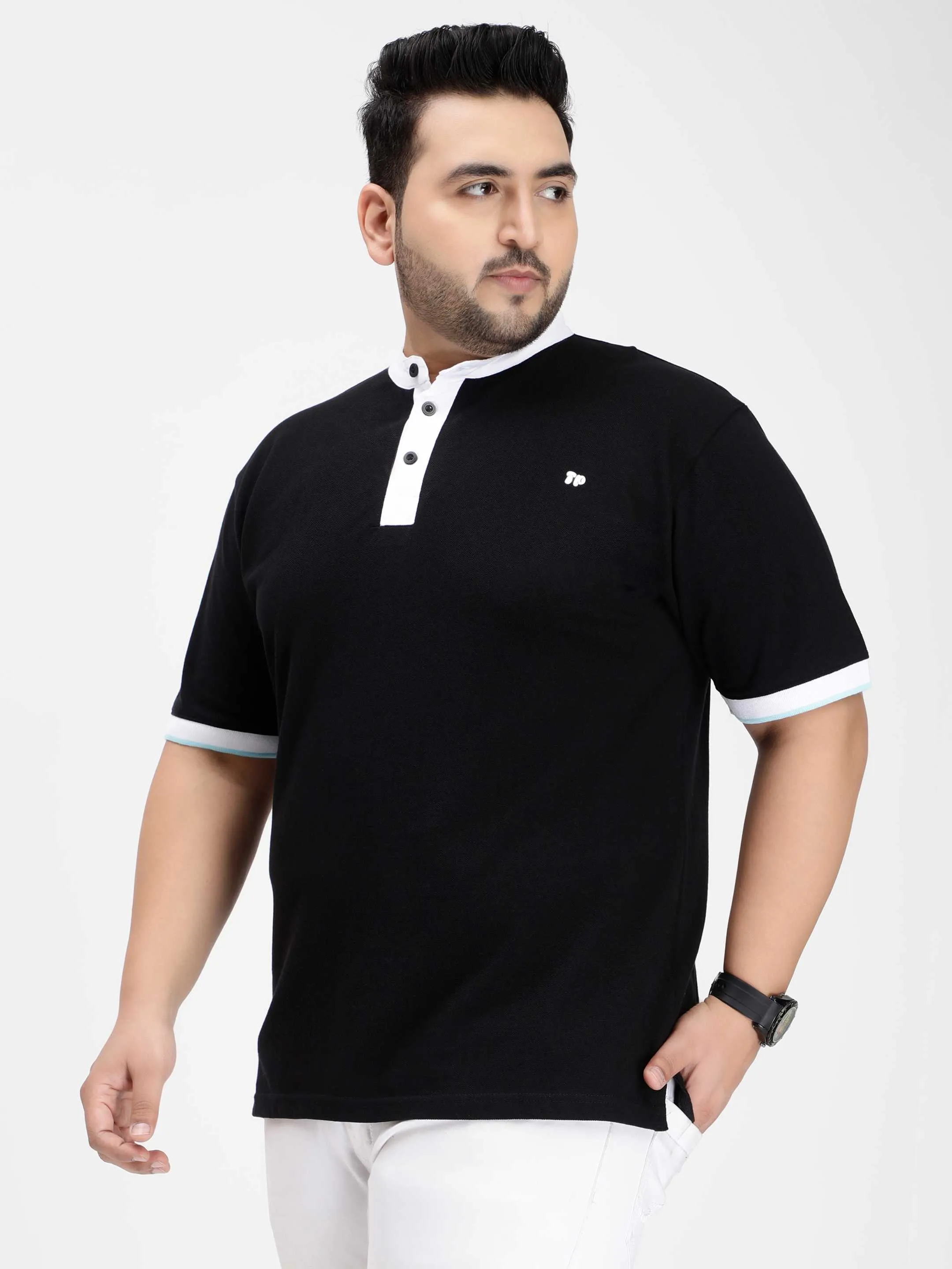 Black Mandarin Collar Plus Size Polo T-shirt