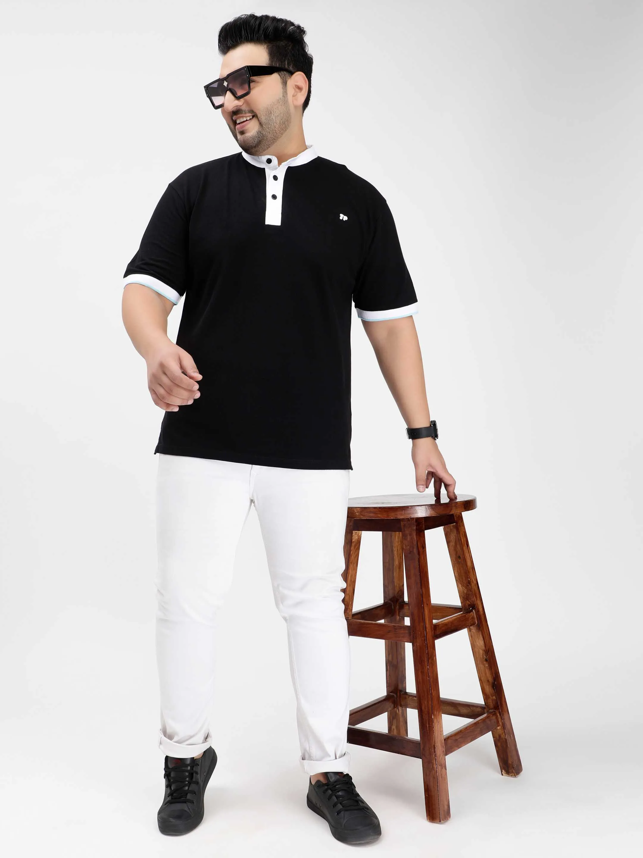Black Mandarin Collar Plus Size Polo T-shirt
