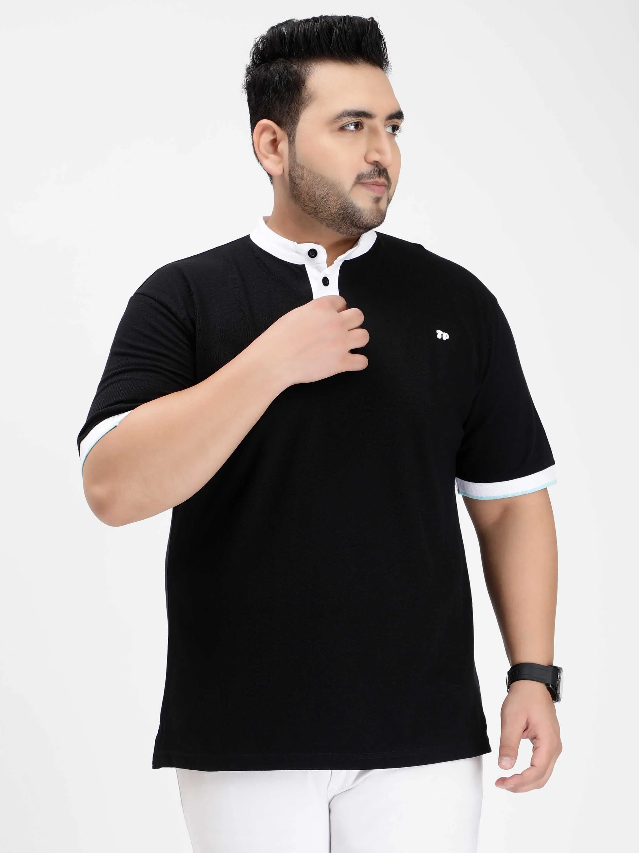 Black Mandarin Collar Plus Size Polo T-shirt