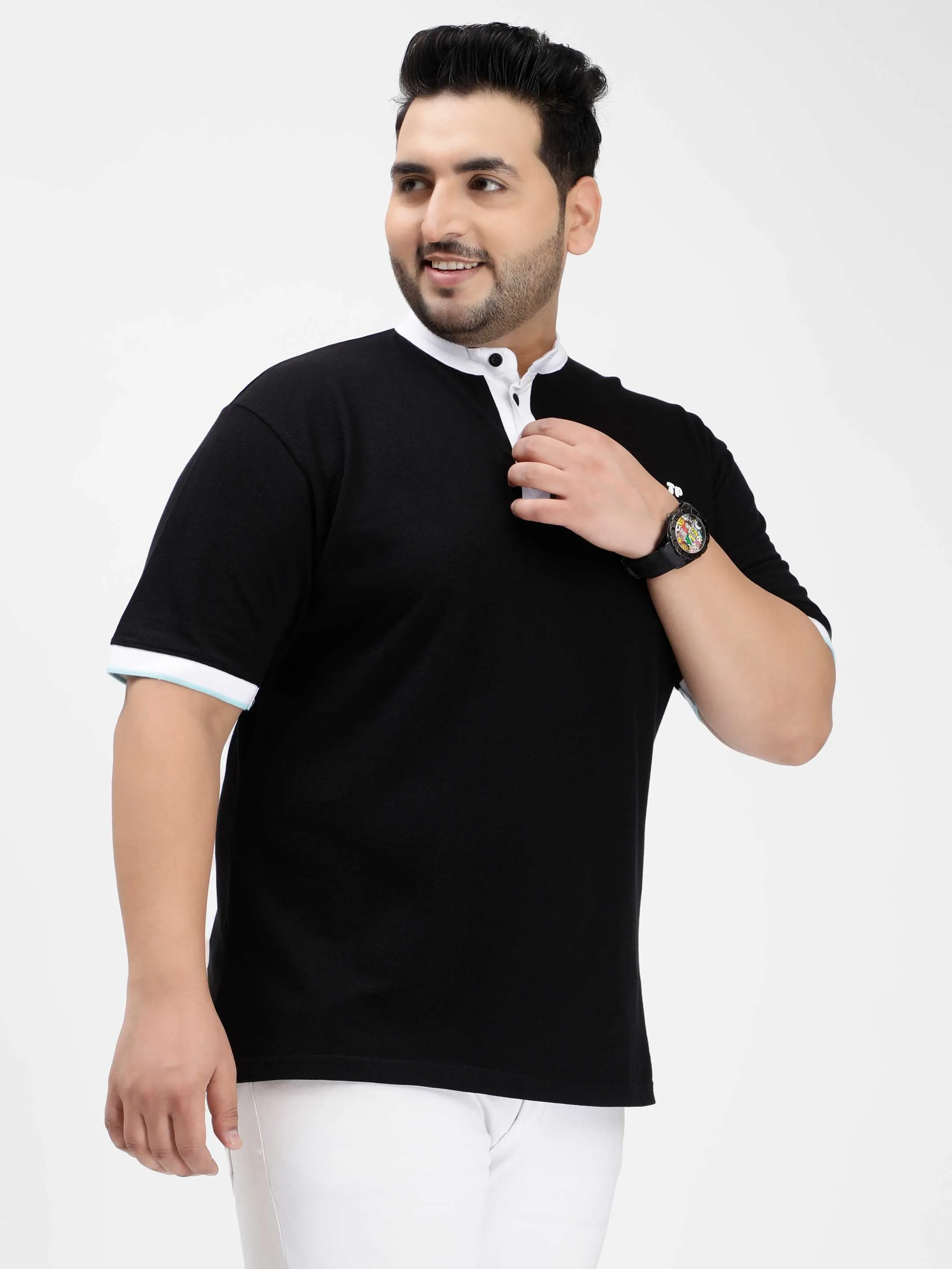 Black Mandarin Collar Plus Size Polo T-shirt