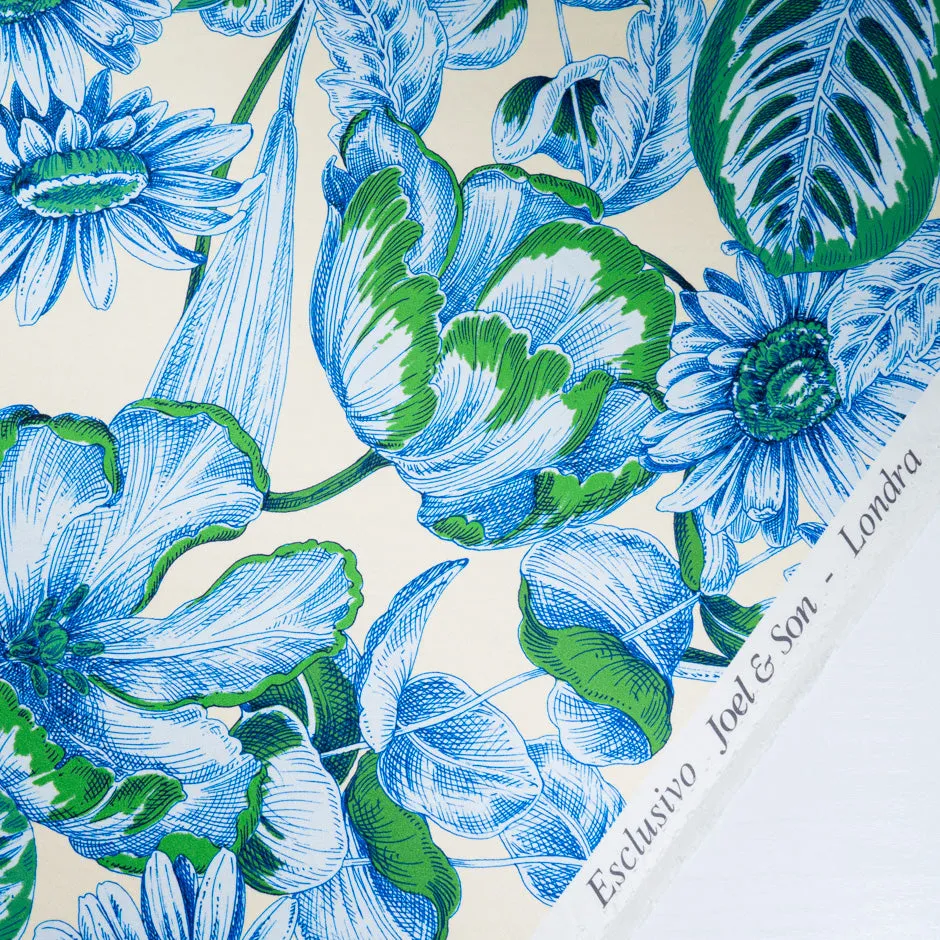 Blue & Green Floral Printed Soft Finish Duchess Satin