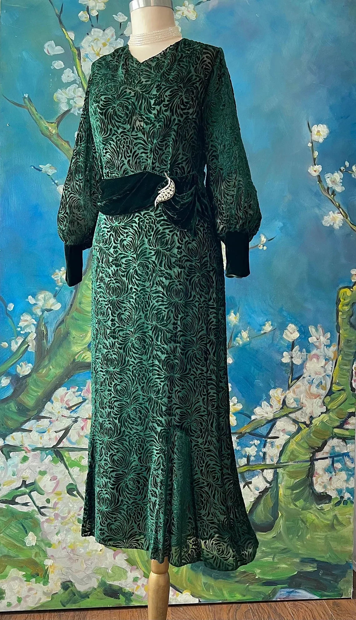 Forest Green Floral Mum Swirl Silk Velvet Dress Bridesmaid Mother of the Bride Dresse