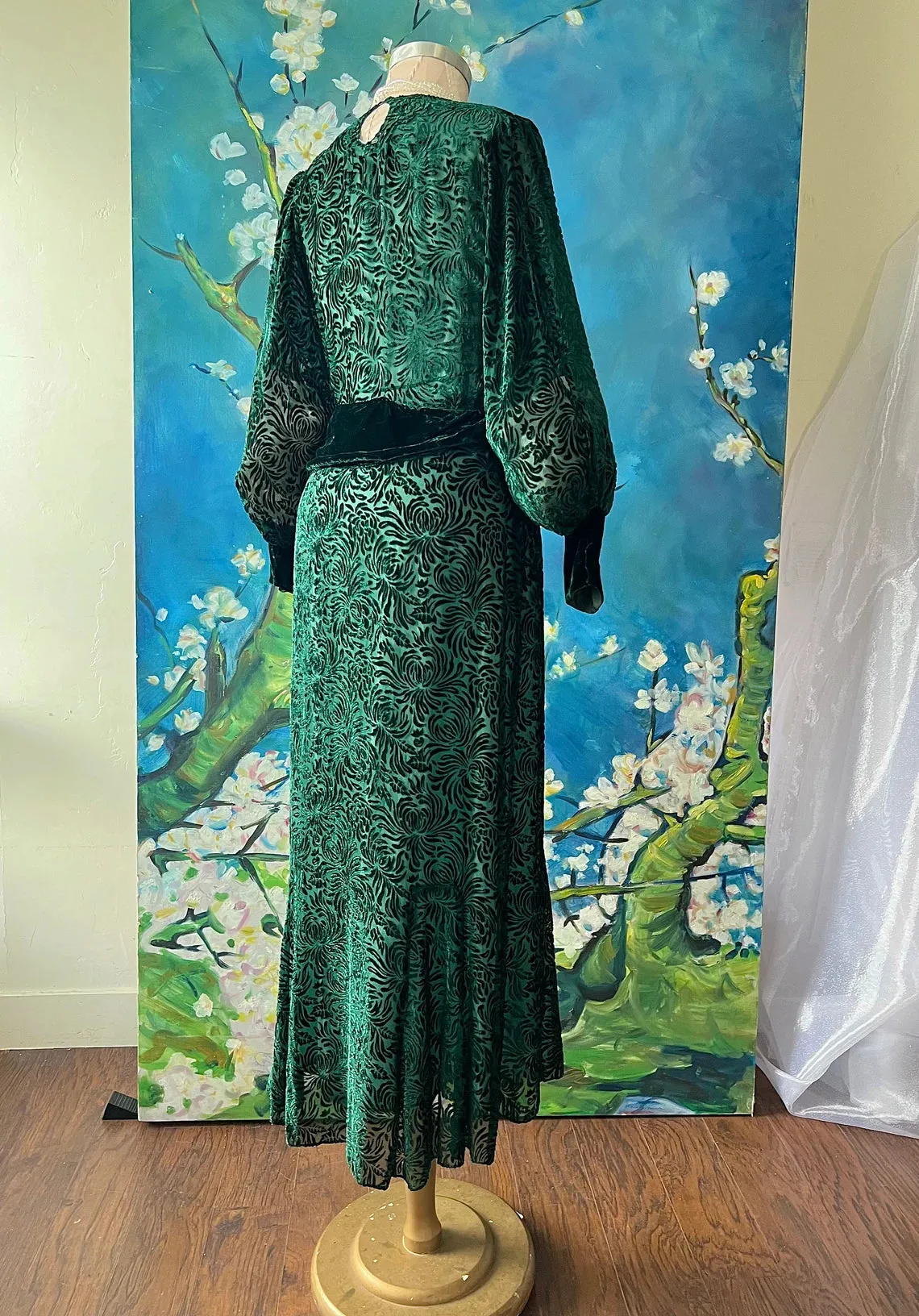 Forest Green Floral Mum Swirl Silk Velvet Dress Bridesmaid Mother of the Bride Dresse