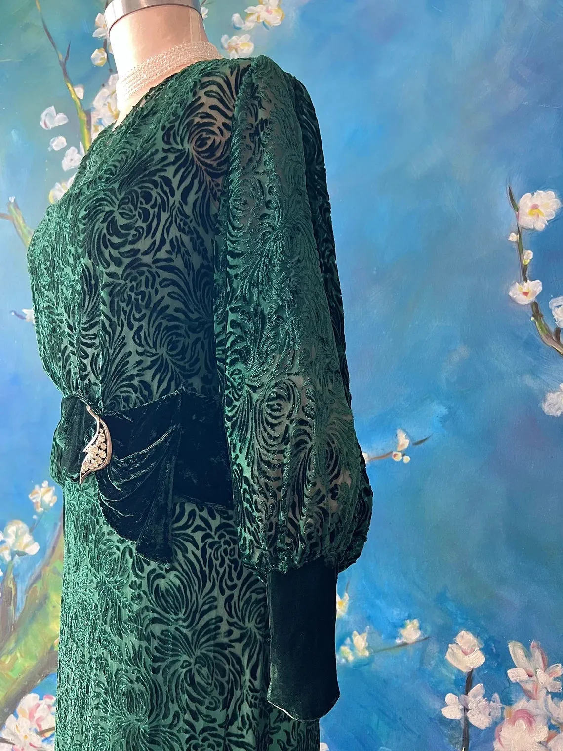 Forest Green Floral Mum Swirl Silk Velvet Dress Bridesmaid Mother of the Bride Dresse