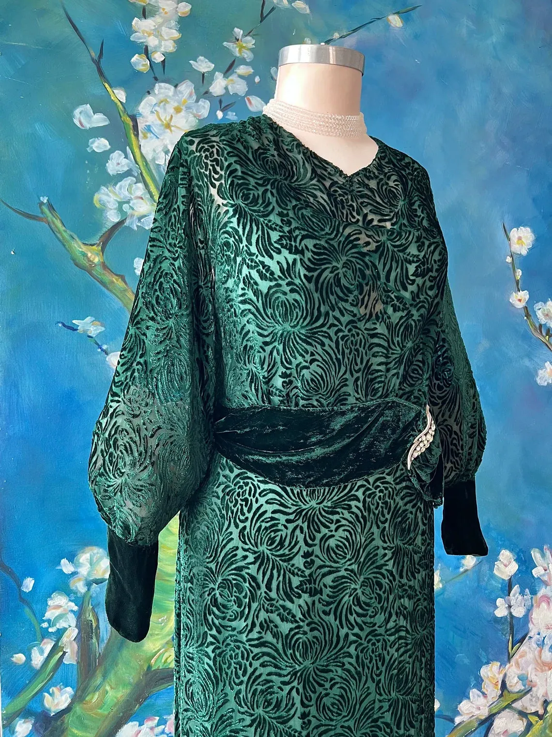 Forest Green Floral Mum Swirl Silk Velvet Dress Bridesmaid Mother of the Bride Dresse