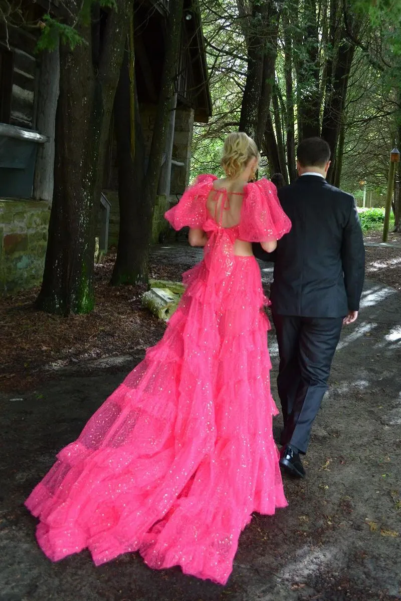 Gorgeous Fuchsia Two Piece Sweetheart Tulle Long Prom Dresses with Slit VK0731154