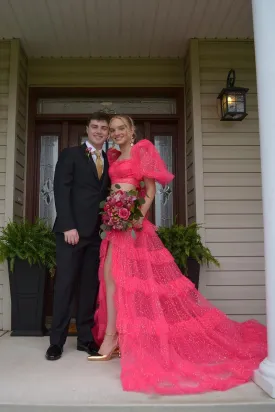 Gorgeous Fuchsia Two Piece Sweetheart Tulle Long Prom Dresses with Slit VK0731154