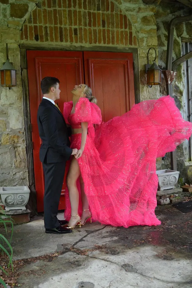 Gorgeous Fuchsia Two Piece Sweetheart Tulle Long Prom Dresses with Slit VK0731154