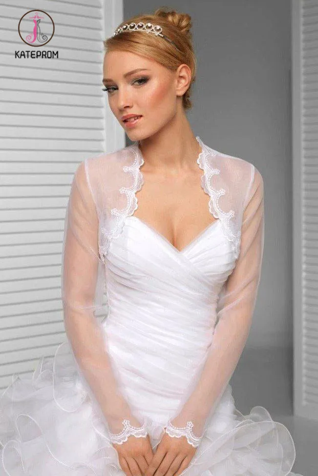 Kateprom White Scalloped Floral Lace Top Long Sheer Sleeve Wedding Shawl, Wedding Wraps KPJ0014