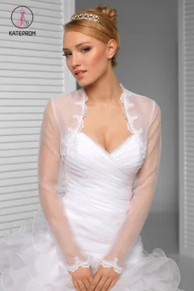 Kateprom White Scalloped Floral Lace Top Long Sheer Sleeve Wedding Shawl, Wedding Wraps KPJ0014