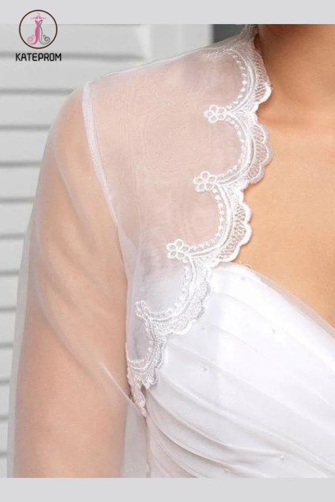 Kateprom White Scalloped Floral Lace Top Long Sheer Sleeve Wedding Shawl, Wedding Wraps KPJ0014