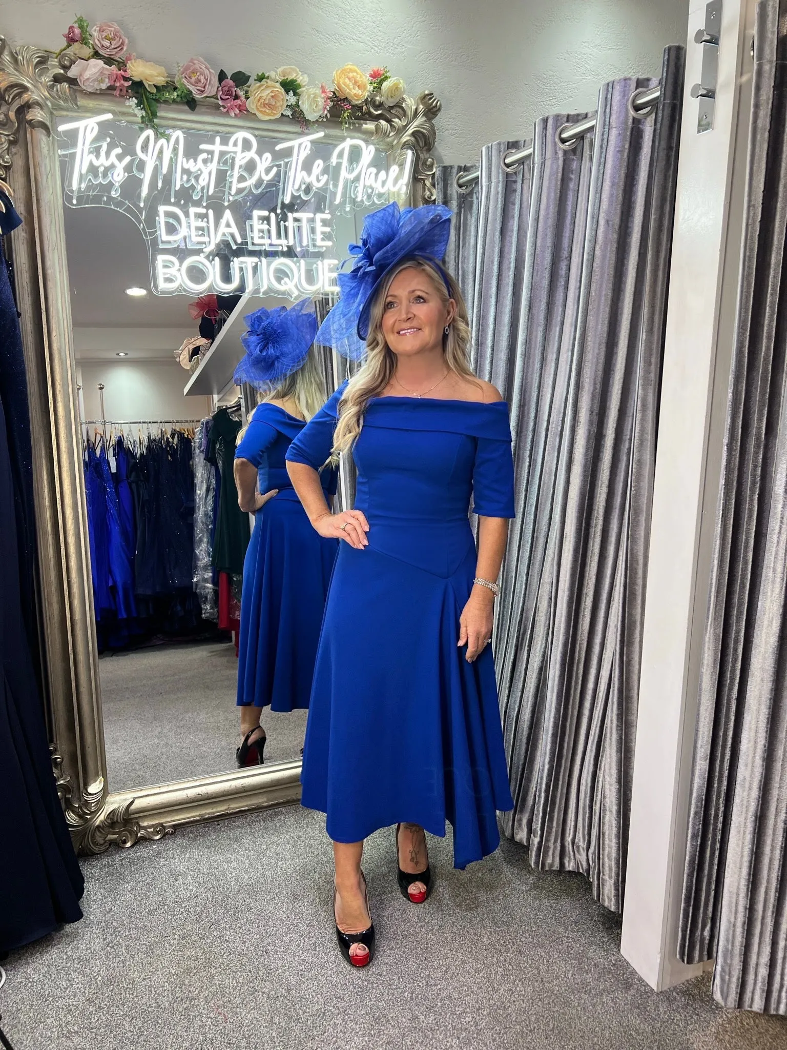 Lorelle asymmetric hemline Bardot midi skater dress royal blue