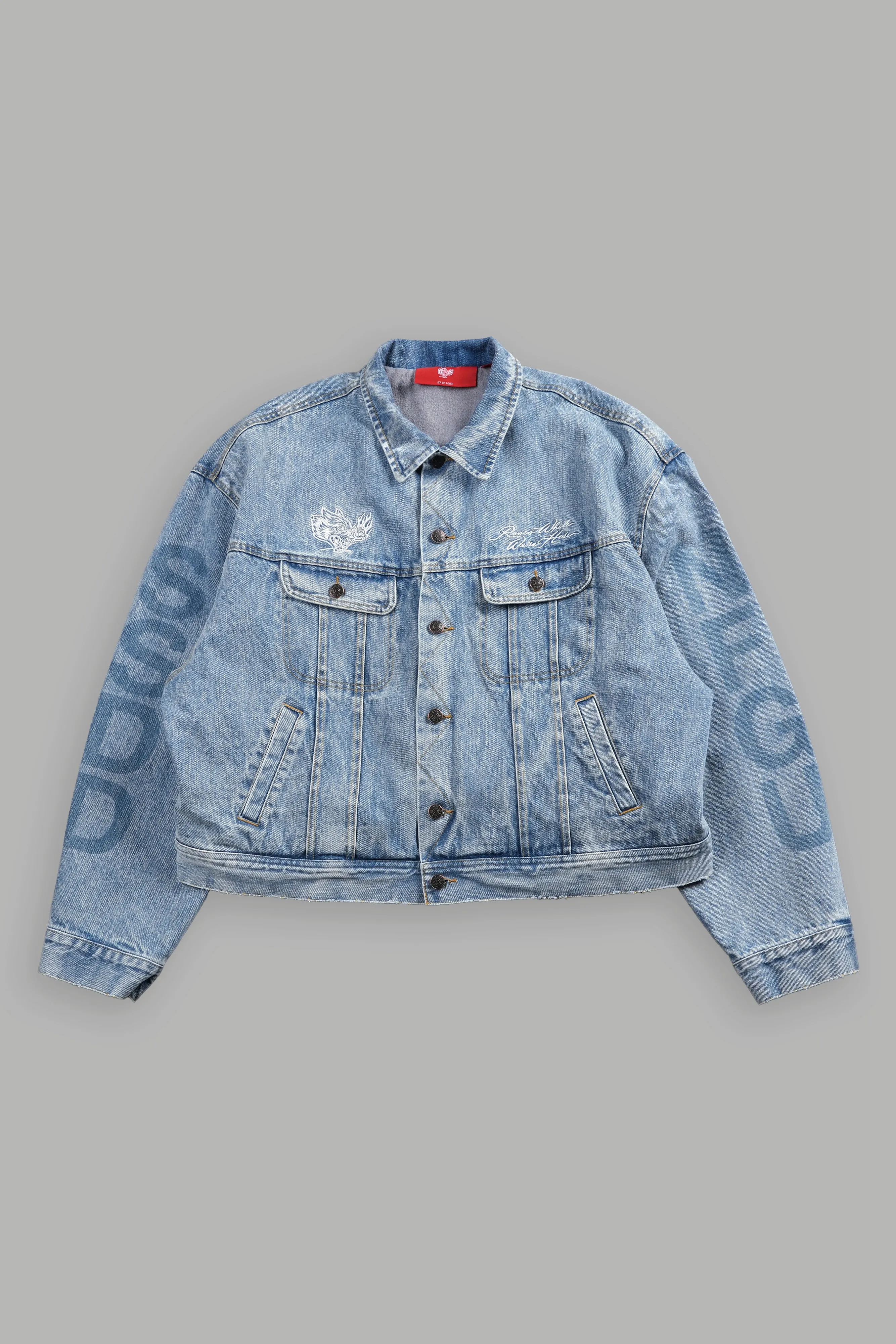 Roses While We're Here Cropped American Denim Jacket in Medium Wash