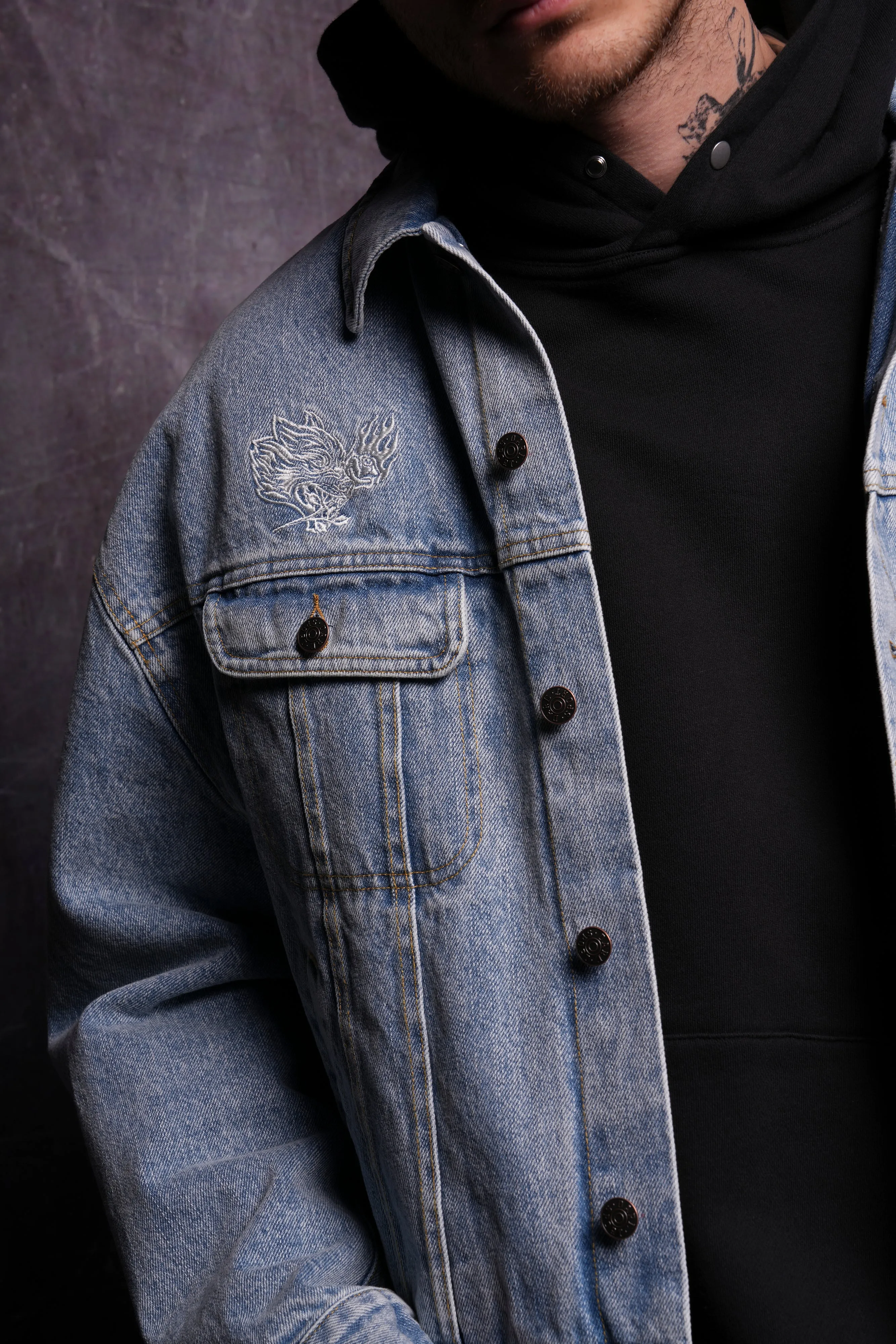 Roses While We're Here Cropped American Denim Jacket in Medium Wash