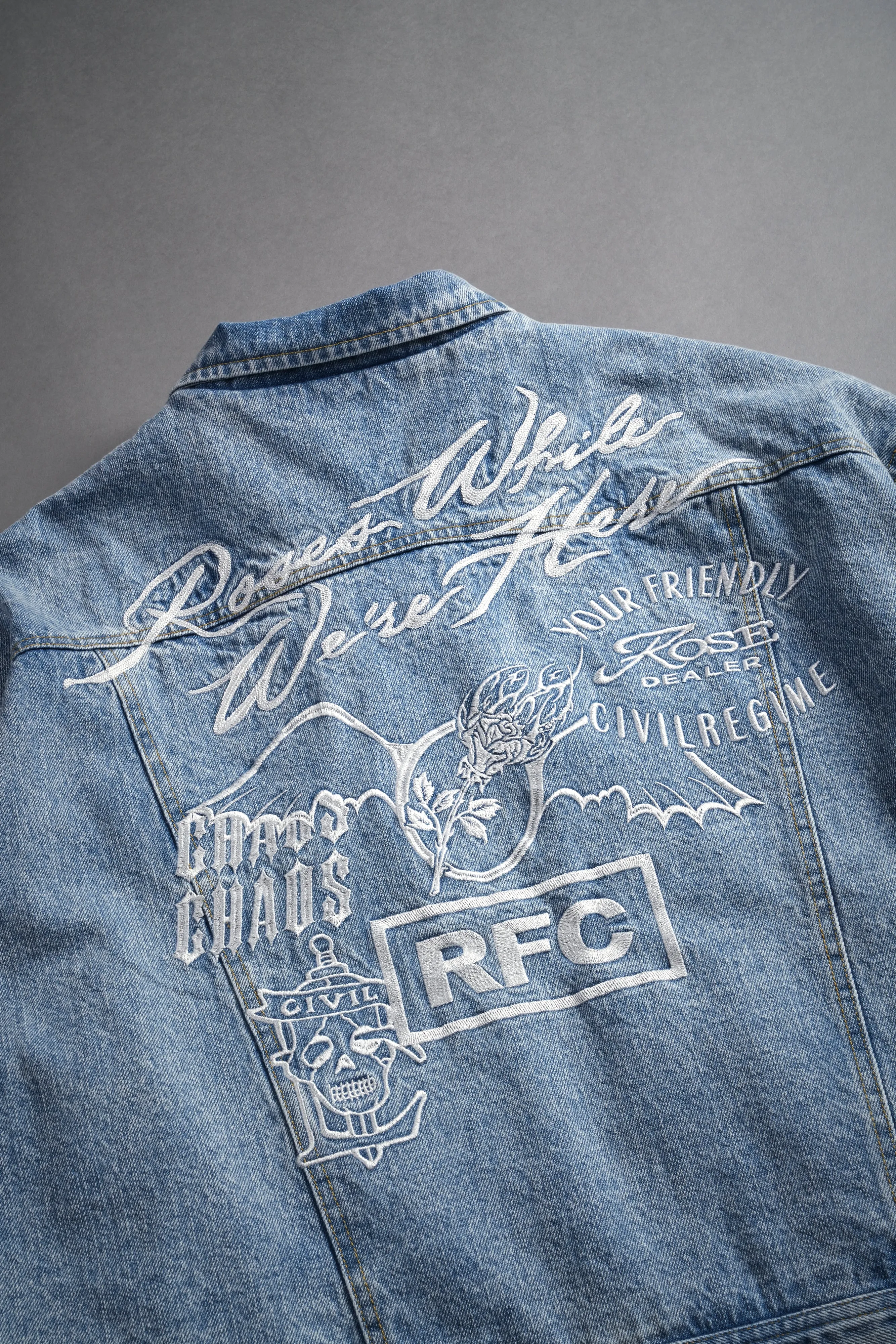 Roses While We're Here Cropped American Denim Jacket in Medium Wash