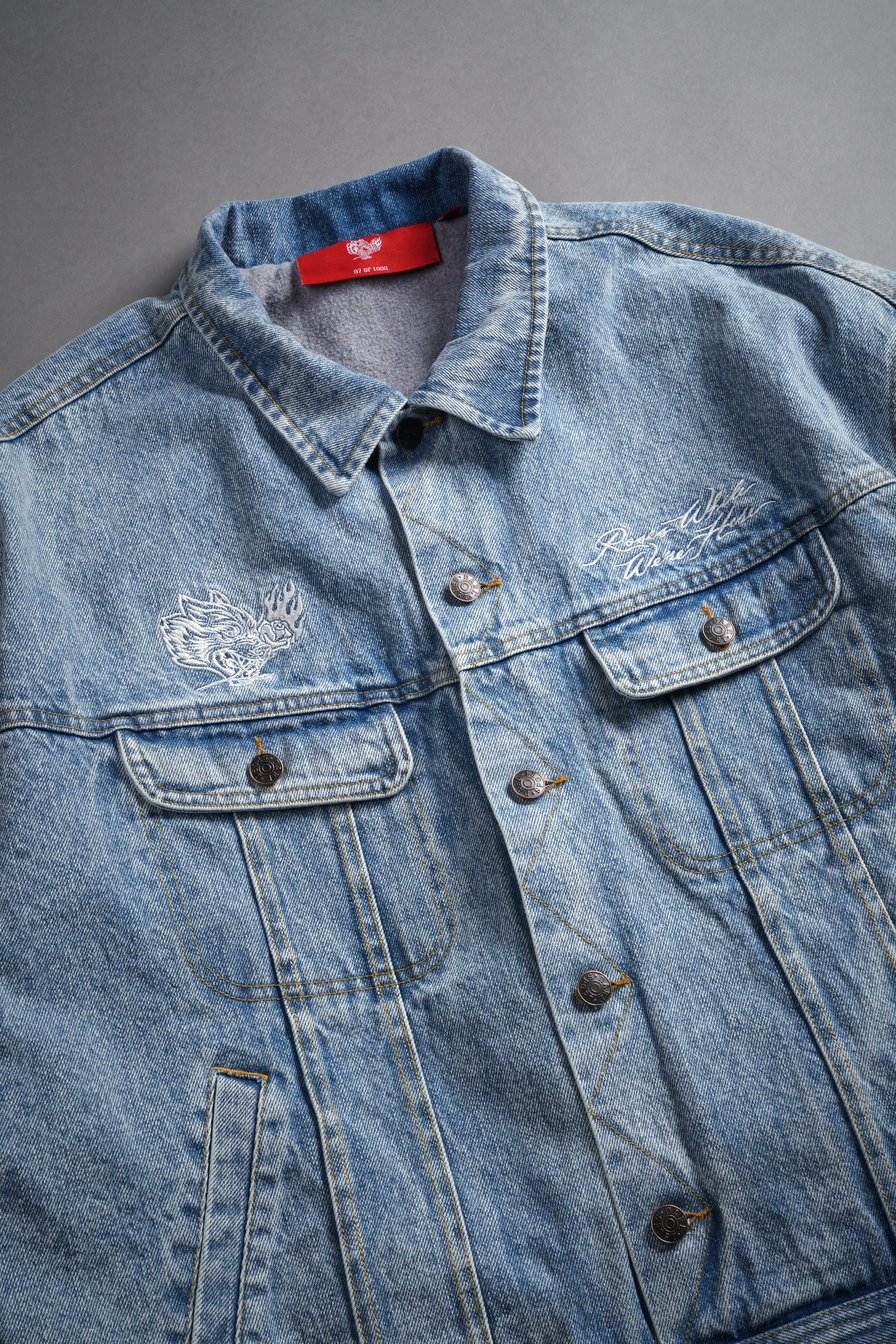 Roses While We're Here Cropped American Denim Jacket in Medium Wash