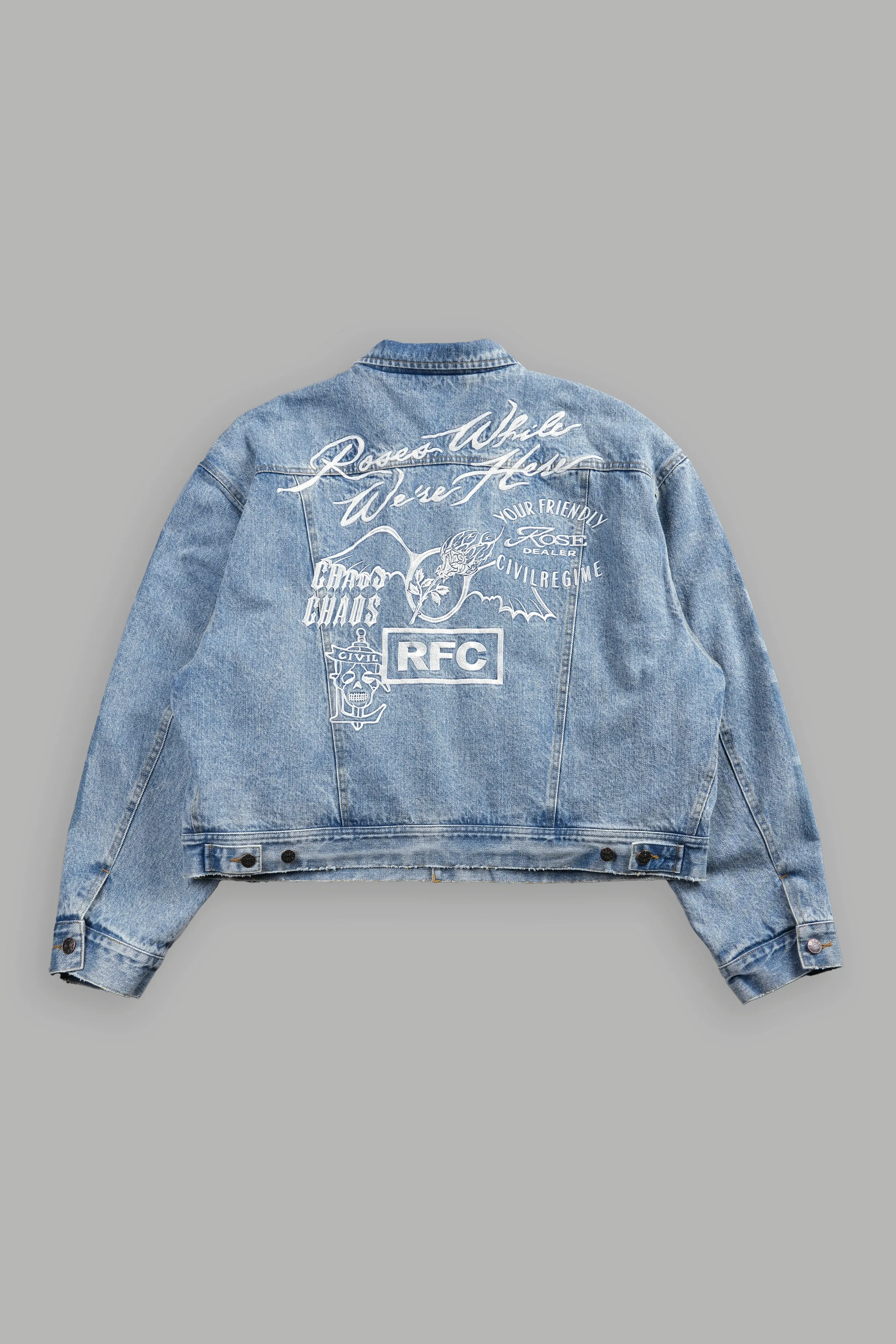 Roses While We're Here Cropped American Denim Jacket in Medium Wash