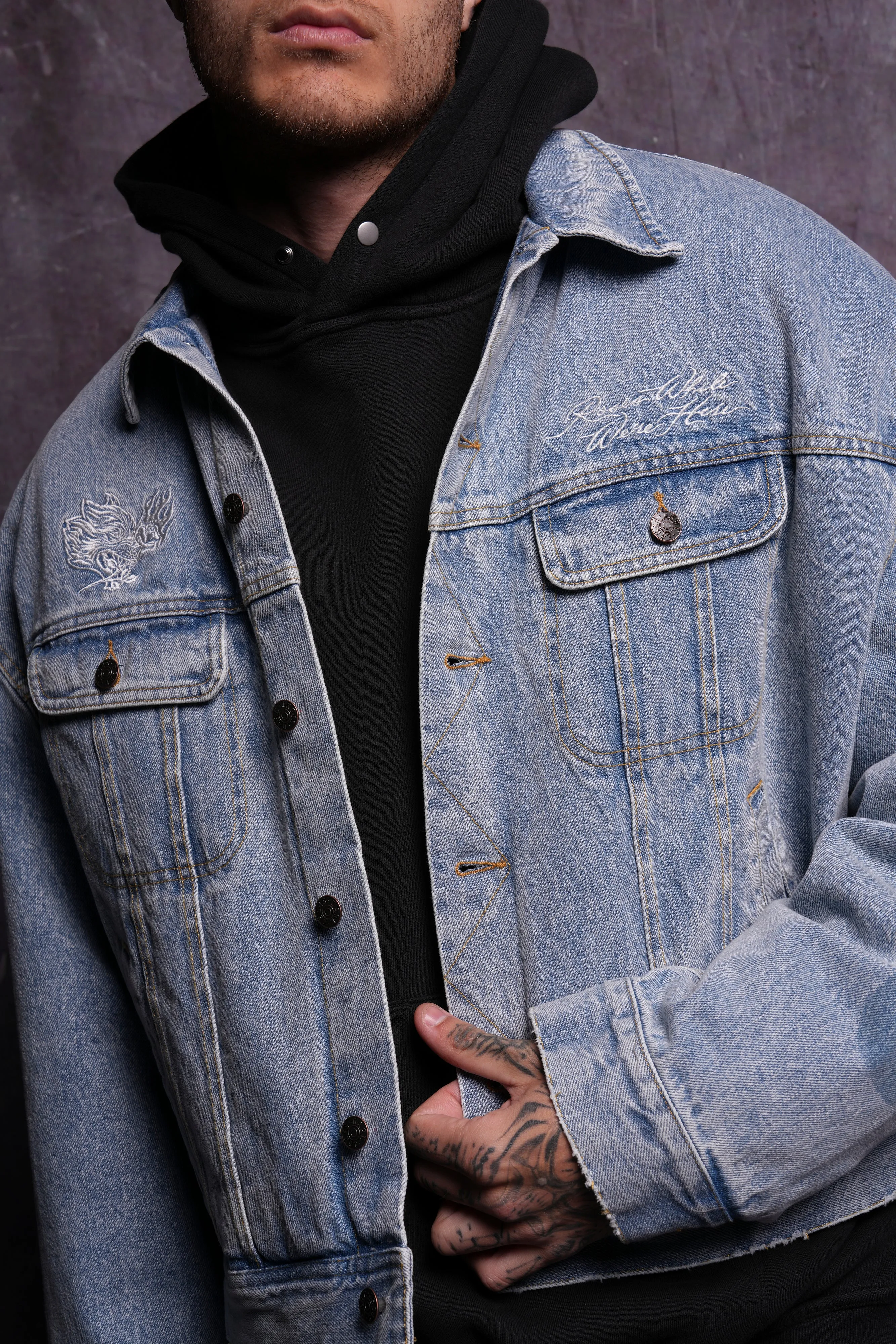 Roses While We're Here Cropped American Denim Jacket in Medium Wash
