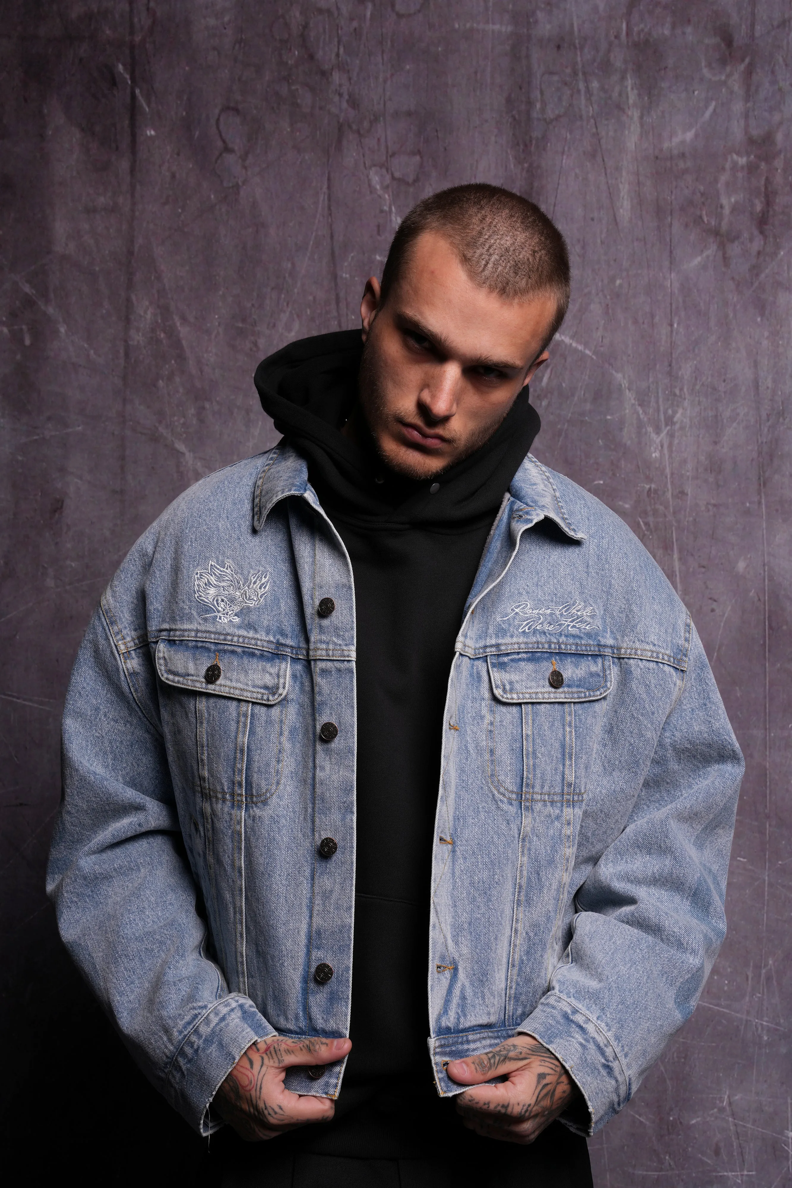 Roses While We're Here Cropped American Denim Jacket in Medium Wash