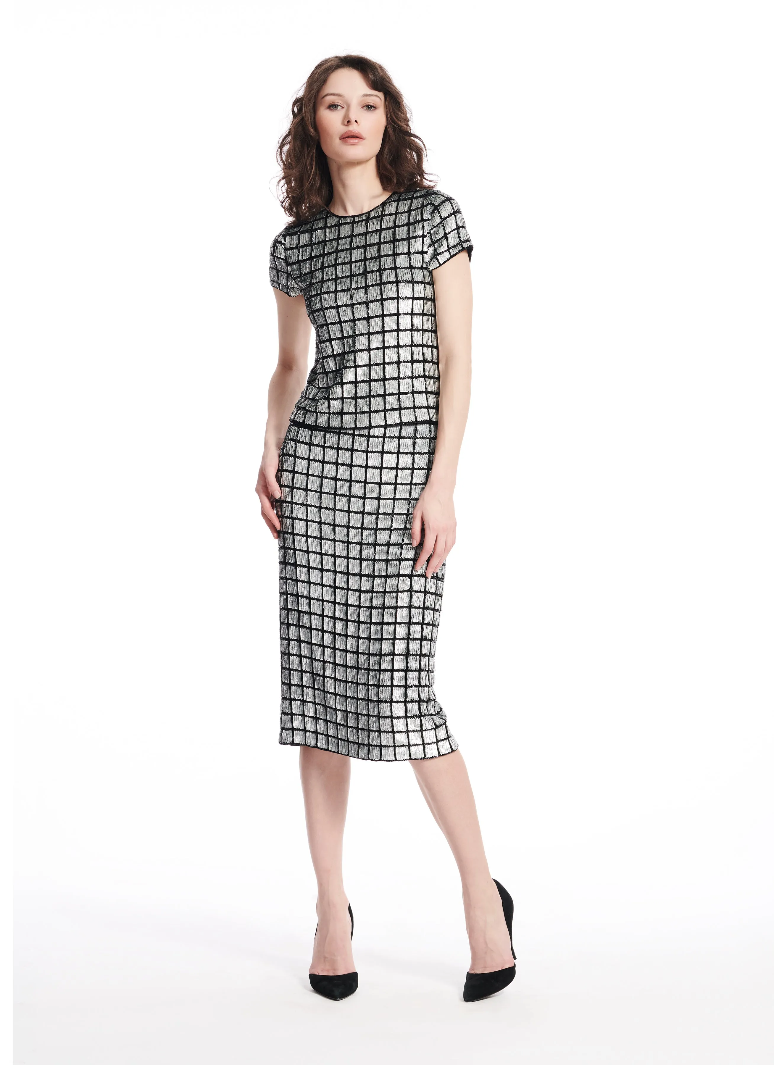 Sequin Windowpane Grid Midi Skirt
