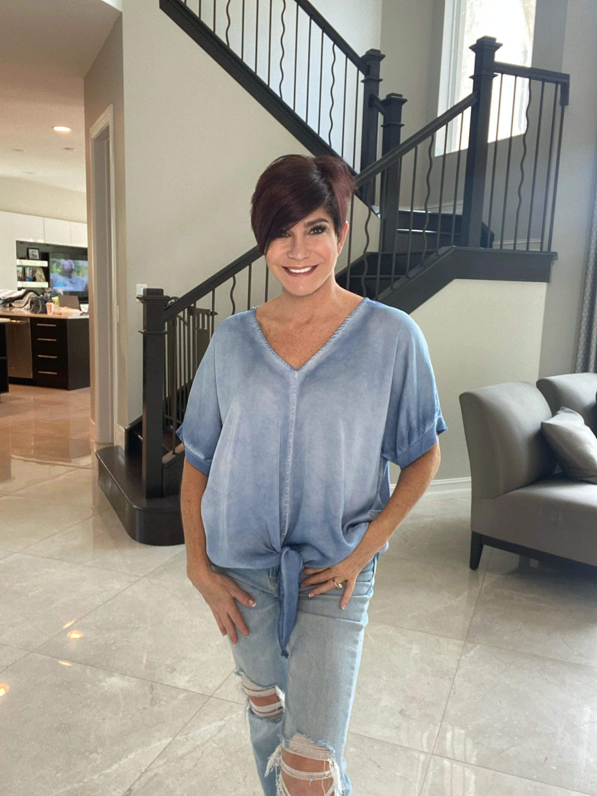 Short Sleeve Silk Top with Front Tie