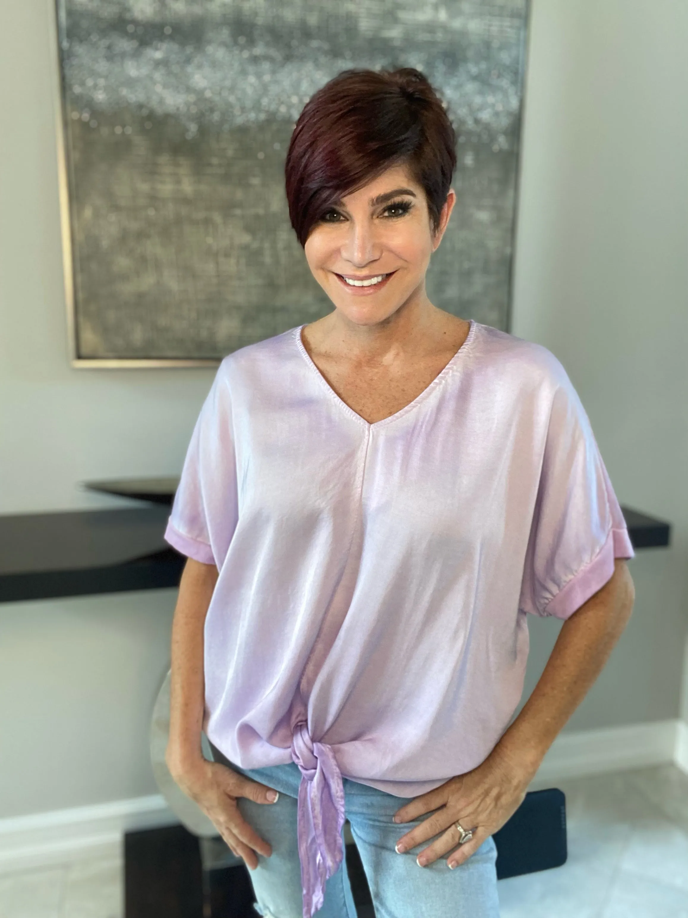 Short Sleeve Silk Top with Front Tie