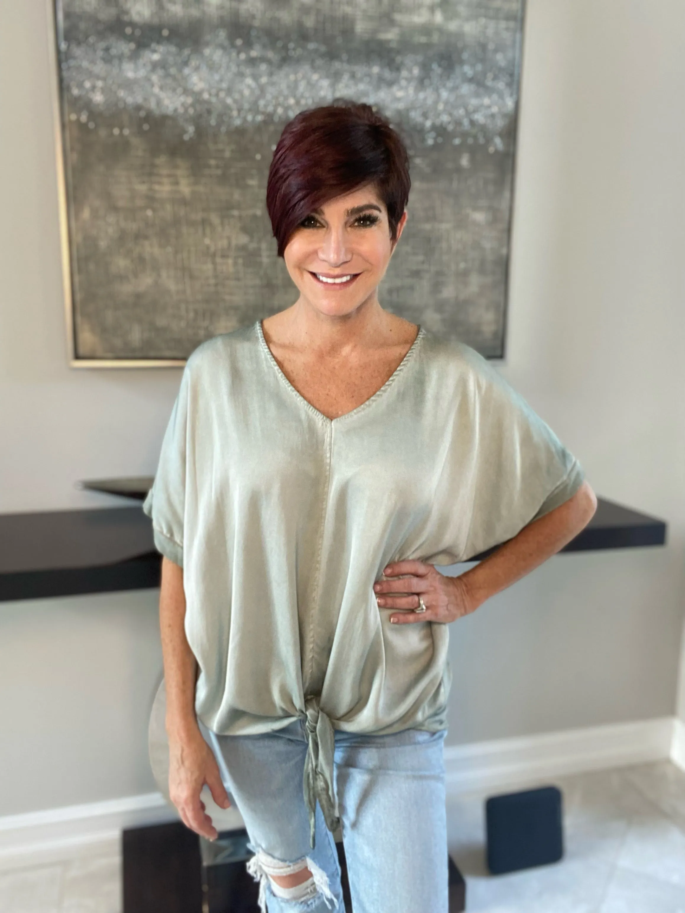 Short Sleeve Silk Top with Front Tie
