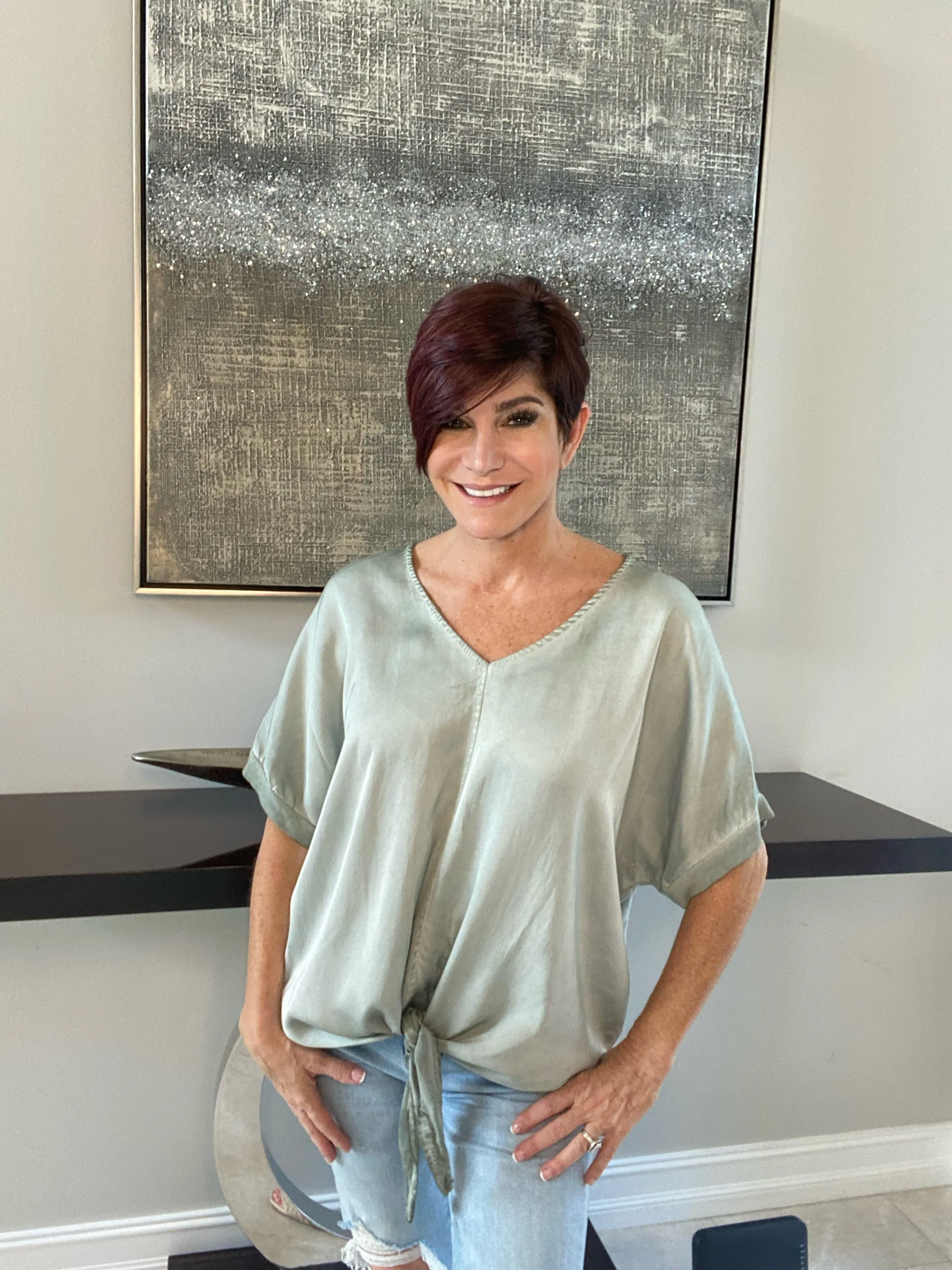 Short Sleeve Silk Top with Front Tie