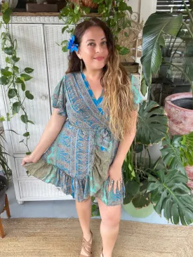 Silk Short Kimono Wrap dress (Olive /blue)