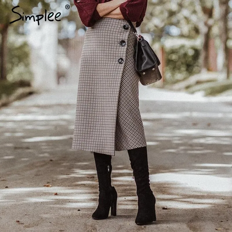 Simplee Elegant long plaid skirt women