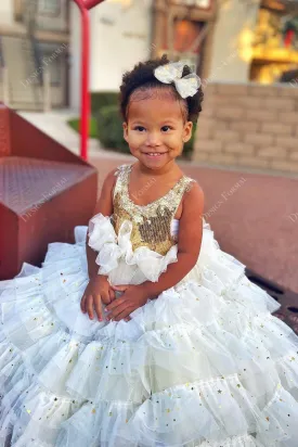 Sparkly Gold Sequin Custom Ankle Length Ball Gown Flower Girl Dress