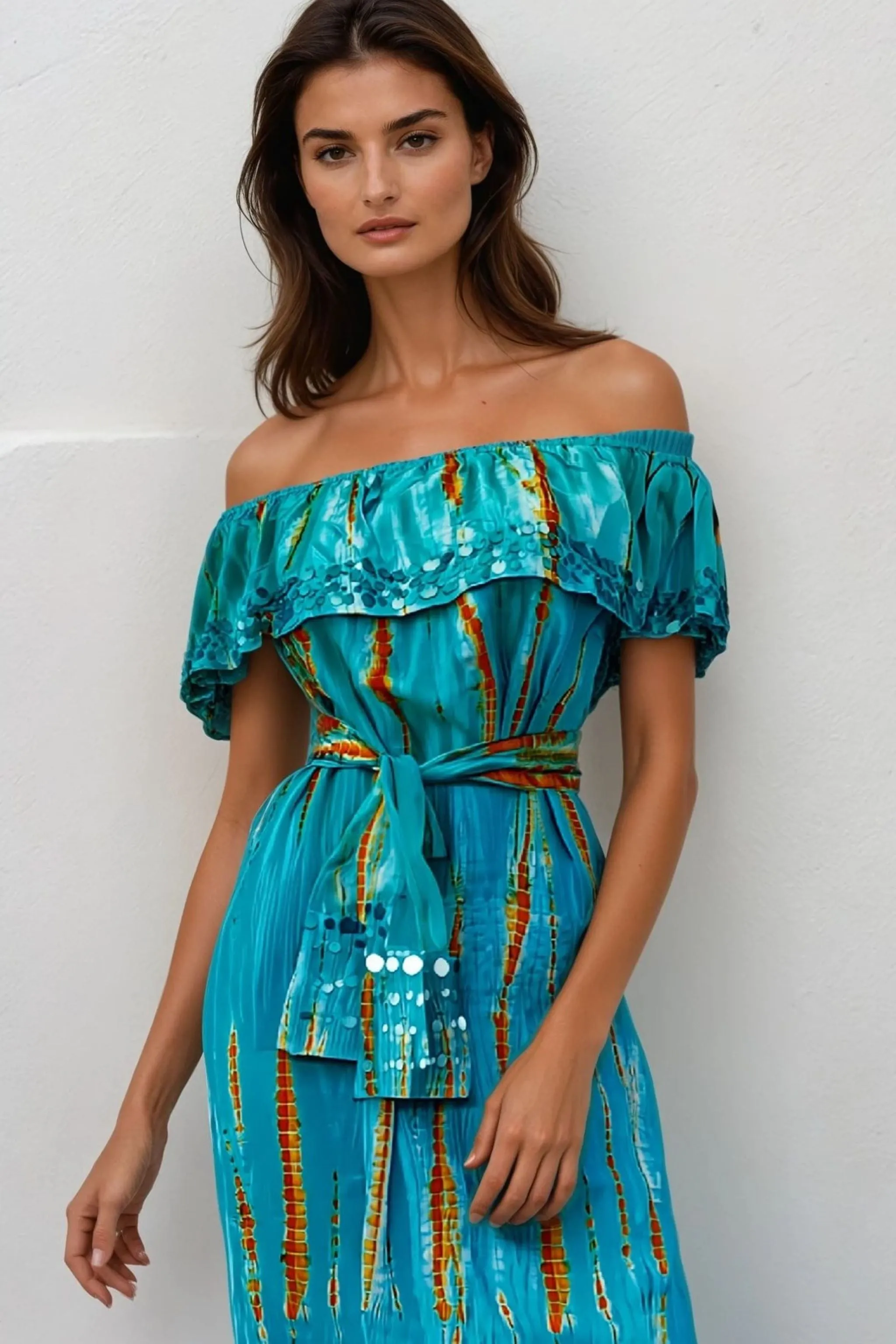 Turquoise Orange Floaty Silk Midi Maxi Dress