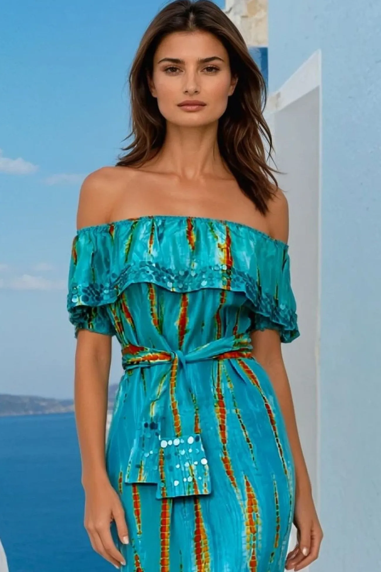 Turquoise Orange Floaty Silk Midi Maxi Dress
