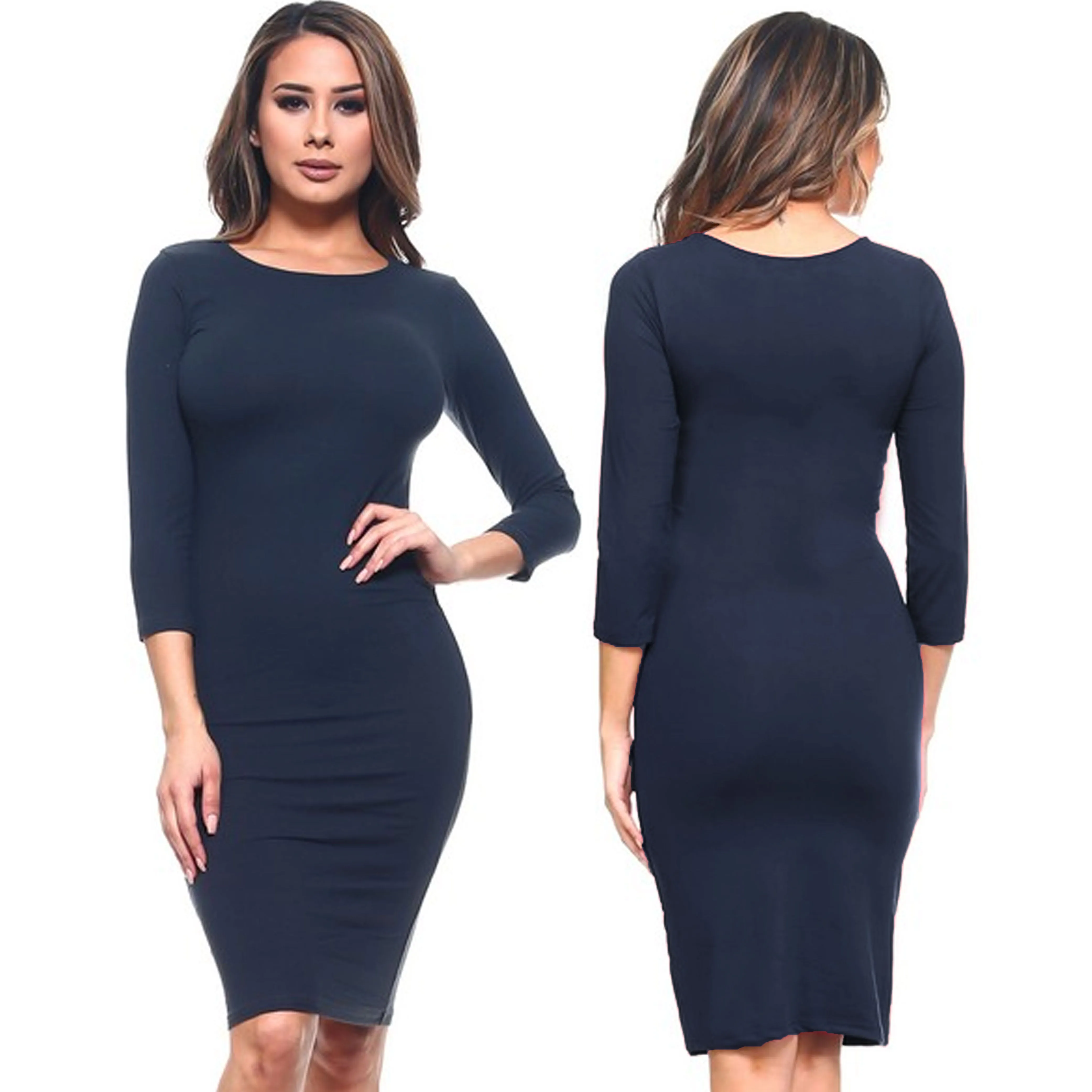 Women Cocktail Party Bodycon Dress Casual 3/4 Long Sleeve Stretch Pencil Navy L