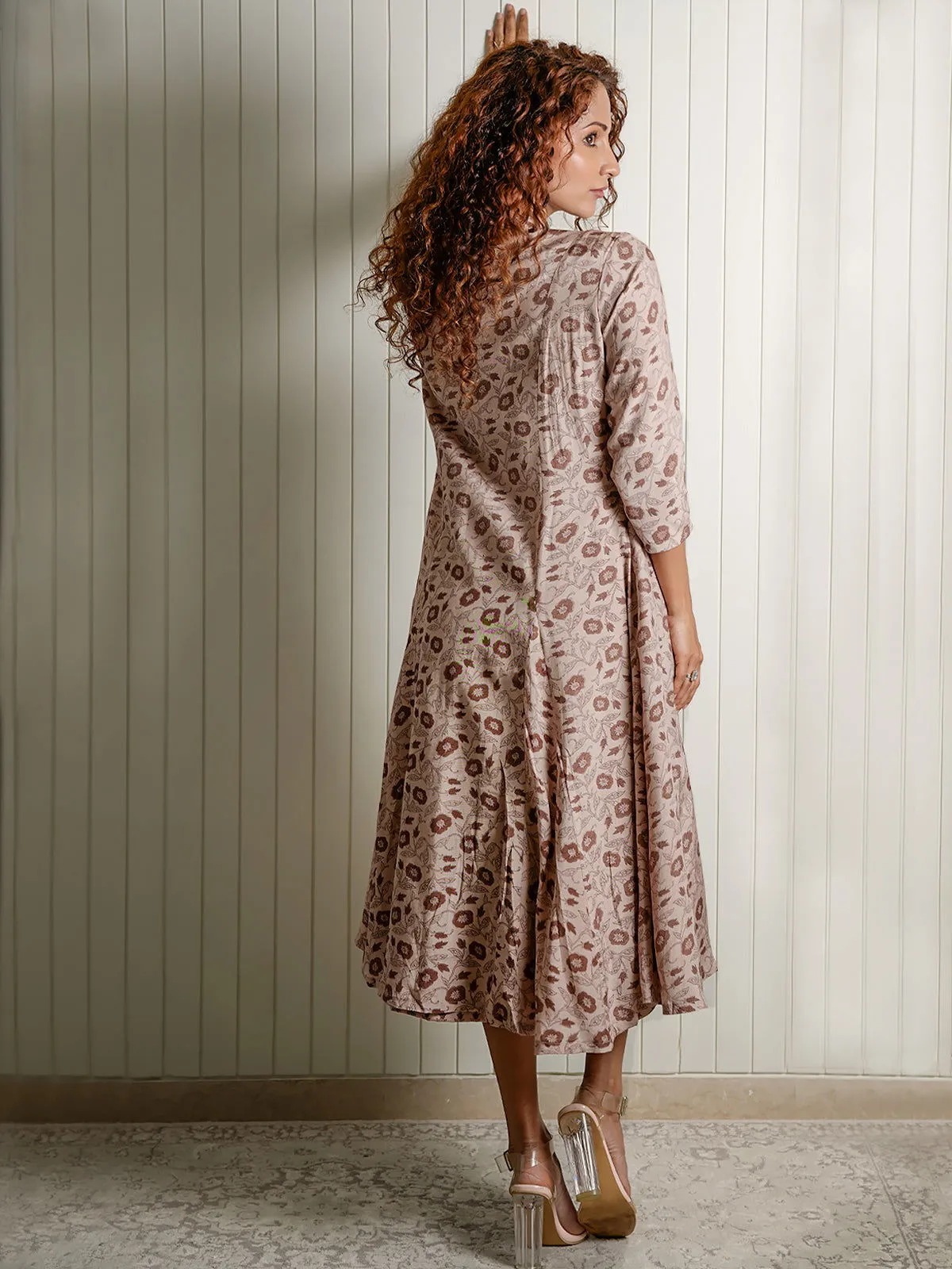 Women Viscose Printed Regular Fit Jacket&Dress Brown