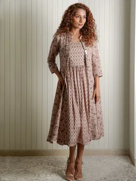 Women Viscose Printed Regular Fit Jacket&Dress Brown