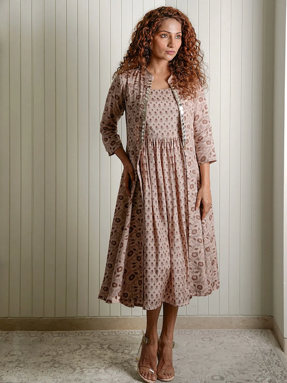 Women Viscose Printed Regular Fit Jacket&Dress Brown