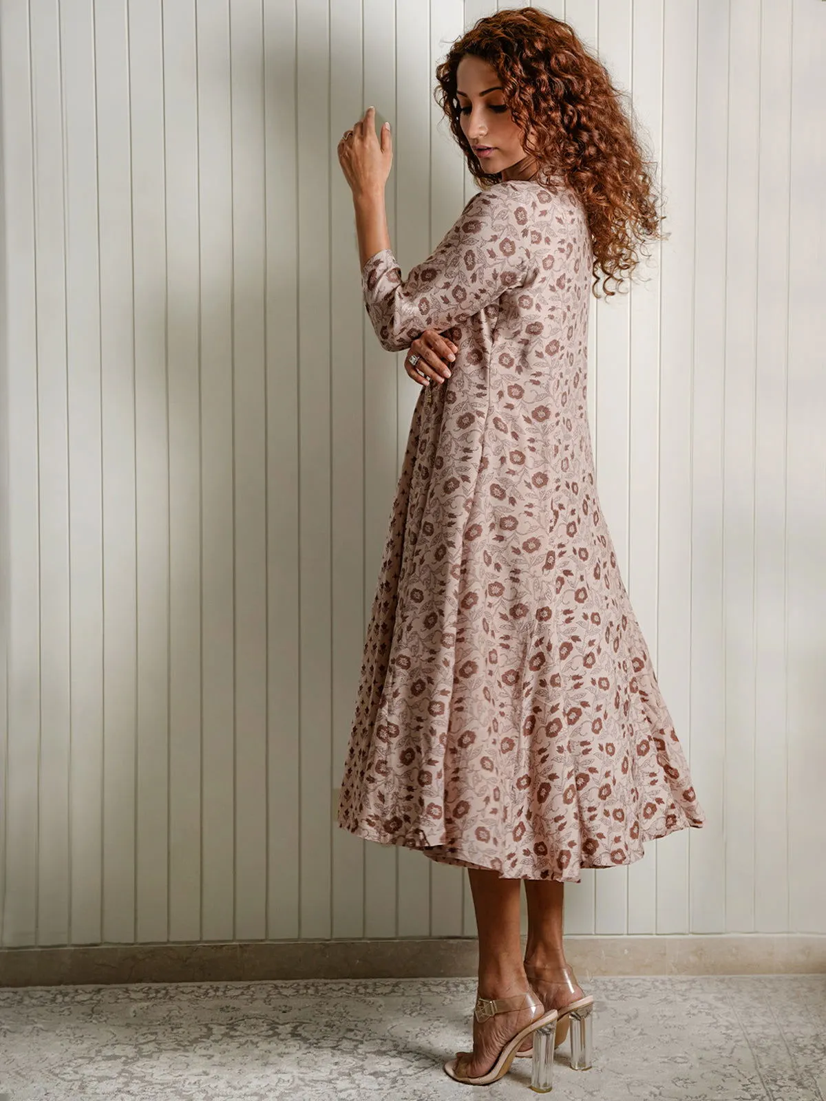 Women Viscose Printed Regular Fit Jacket&Dress Brown