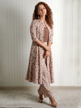 Women Viscose Printed Regular Fit Three Piece Set Brown