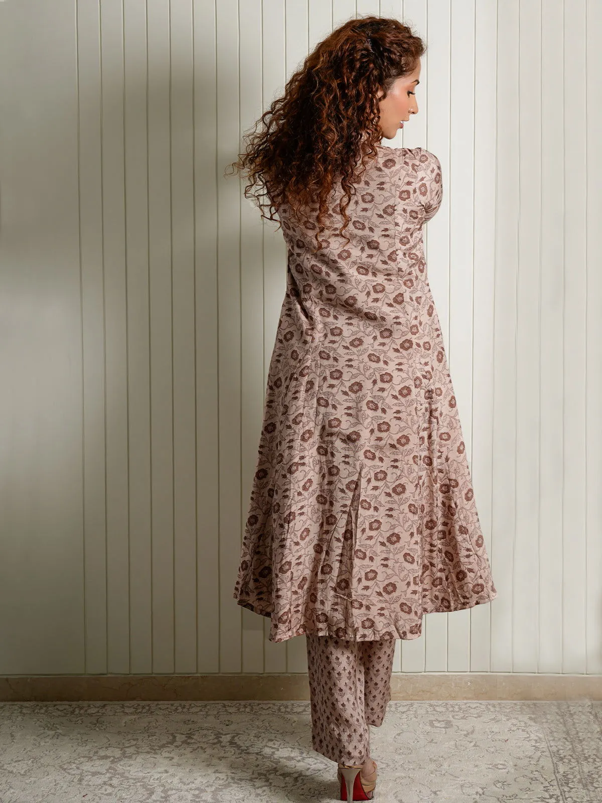 Women Viscose Printed Regular Fit Three Piece Set Brown